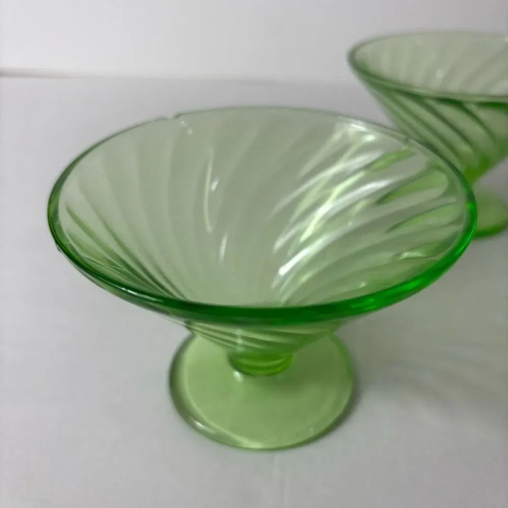Vintage FEDERAL Swirled Green Depression Glass Sherbert Dish Set of Two